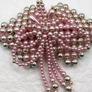 Vtg 80s Hair Bow Tie Clip Beaded Faux Pearl Dangle Pink, Silver Barrette Wedding